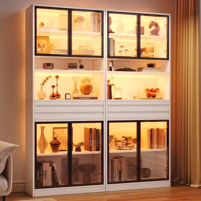 Confezione da 2 Vetrine Espositive 80x35x200 cm in MDF, Bianco, con 8 Ante in Vetro, 2 Cassetti e Illuminazione LED