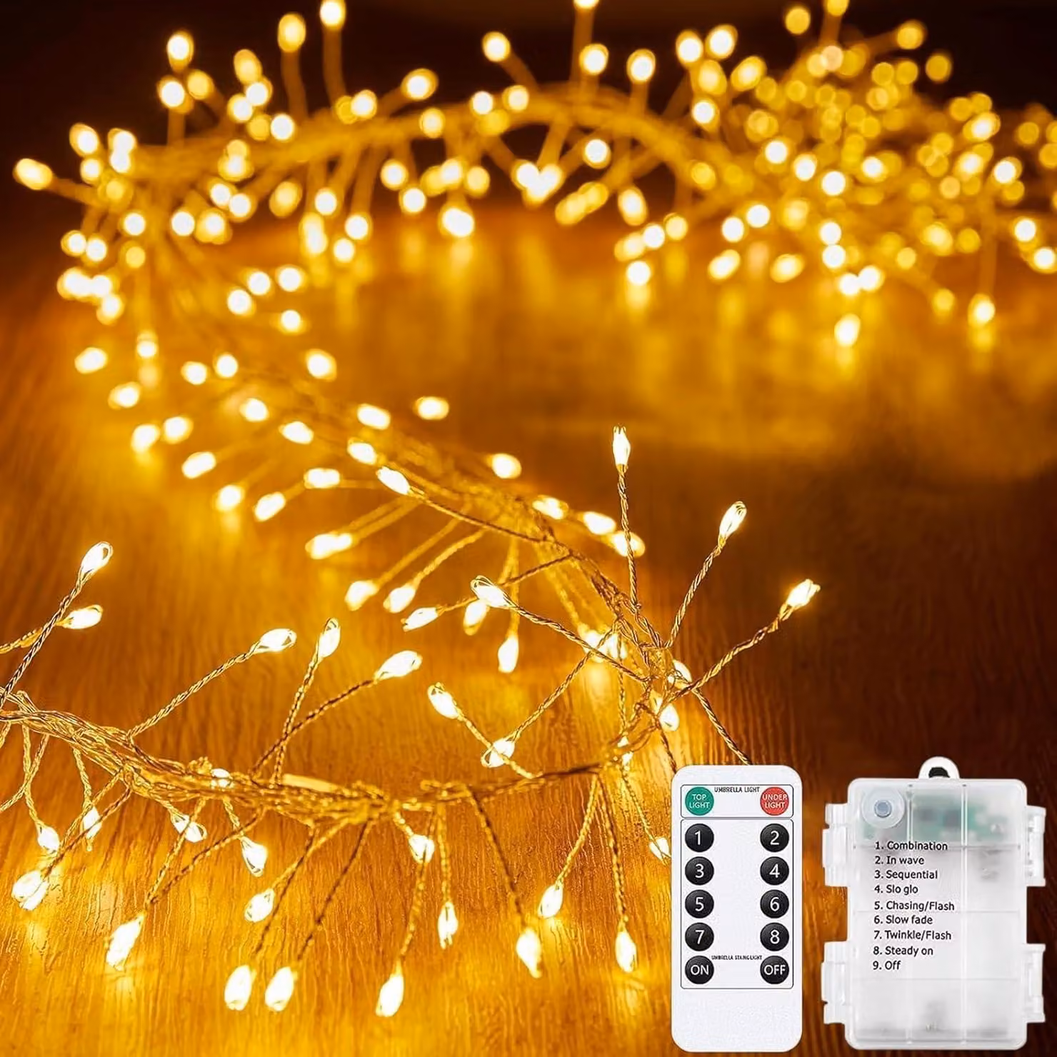 Catena luminosa, 300 LED, 9 metri, alimentazione a batteria, 8 modalità, grado di protezione IP65, luce bianco caldo