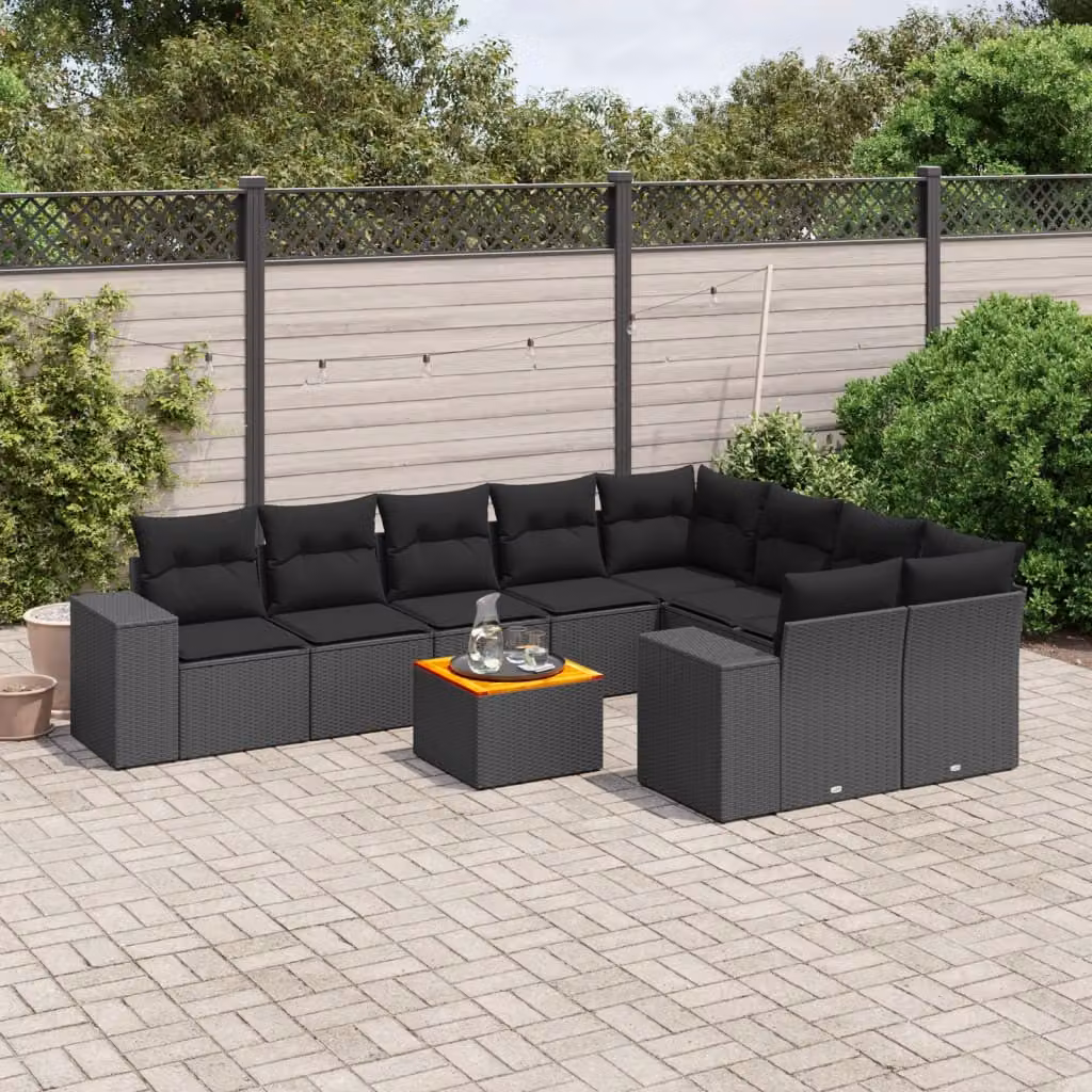 vidaXL Set Divani da Giardino 10 Pezzi in Polyrattan Nero con Cuscini e Tavolino da Esterno – 1