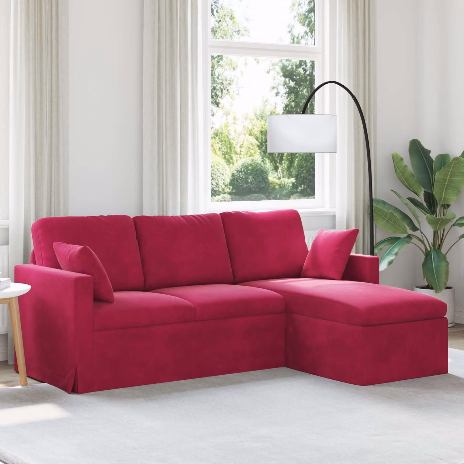Divano angolare in velluto rosso vidaXL con cuscini, L/P/H: 198 x 134 x 80 cm