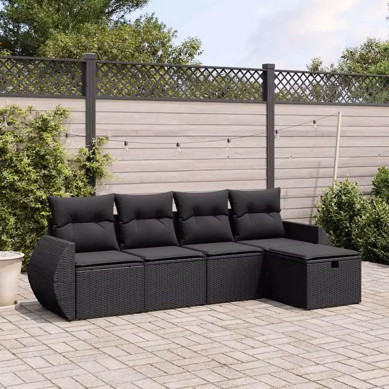 vidaXL Set Divani da Giardino a L 5 pz in Polyrattan Nero con Cuscini e Struttura in Acciaio Verniciato a Polvere