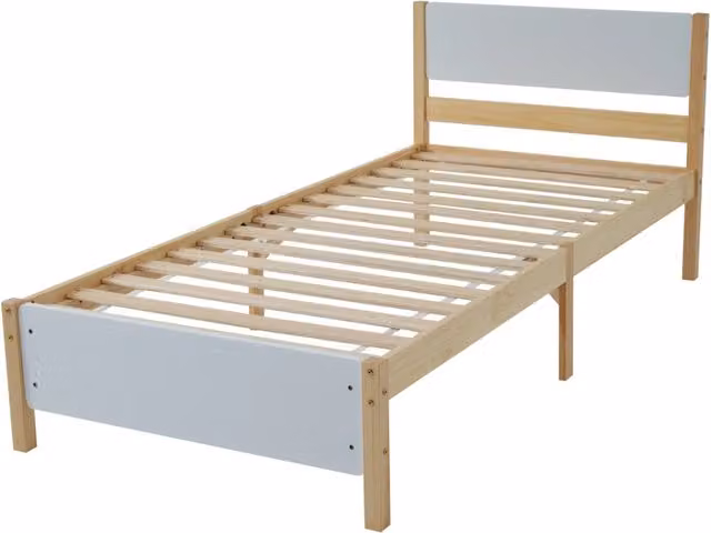 Letto singolo in legno di pino con testiera e pediera in MDF bianco e naturale, 90x200 cm