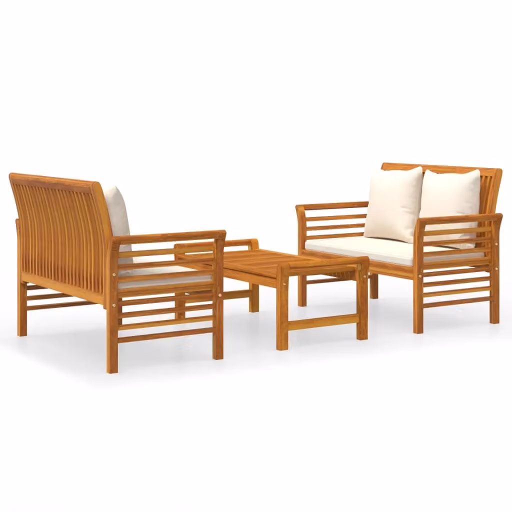 set 3 pezzi da giardino con cuscini in legno massiccio di acacia