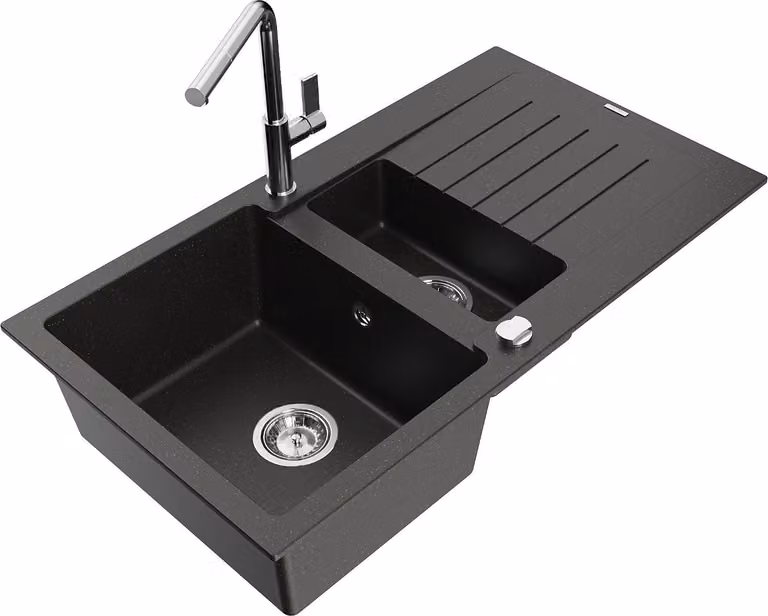Mexen Matias lavello in granito 1,5 vasche con scolapiatti e rubinetto da cucina Flora, nero/oro metallizzato