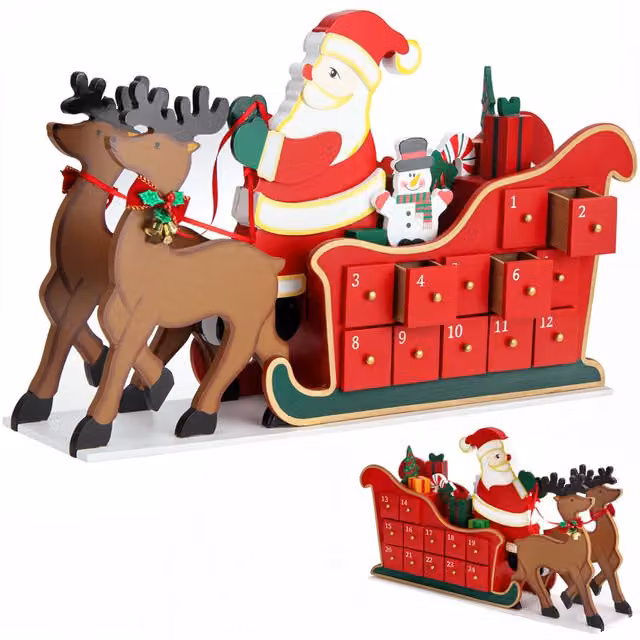 Calendario dell'avvento a forma di slitta di Babbo Natale Spielwerk in legno multicolore rosso per adulti