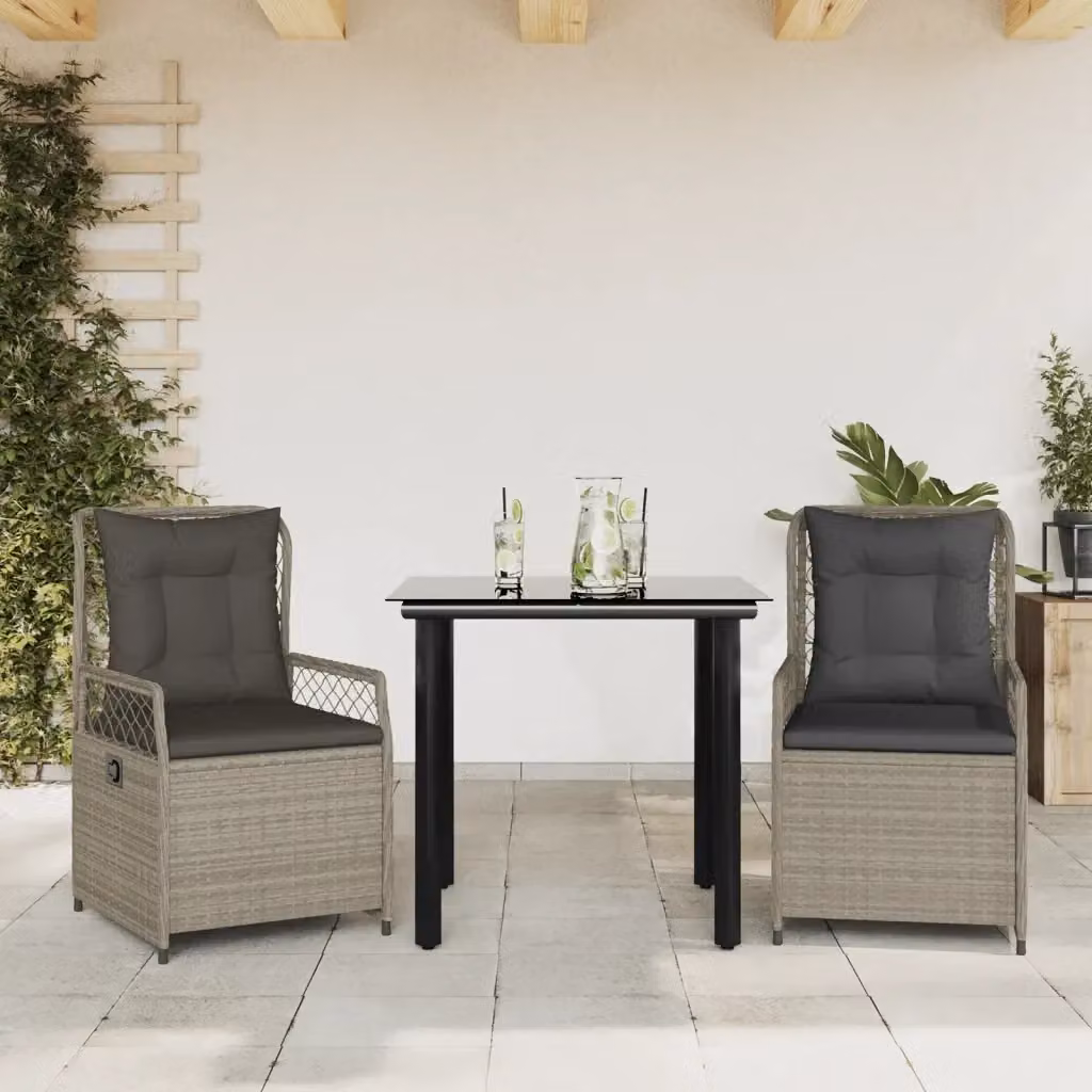 Set Salotto da Giardino Moderno in Polyrattan con Tavolo in Vetro e Cuscini Grigio e Nero – 2