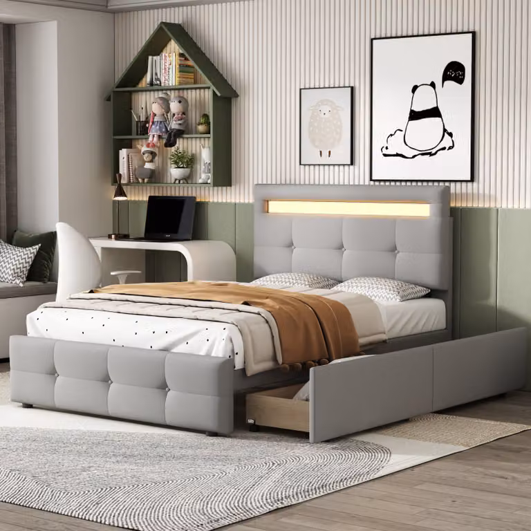Letto imbottito Sweiko, testata regolabile con luce LED, letto singolo con 2 cassetti, biancheria, 90*200cm