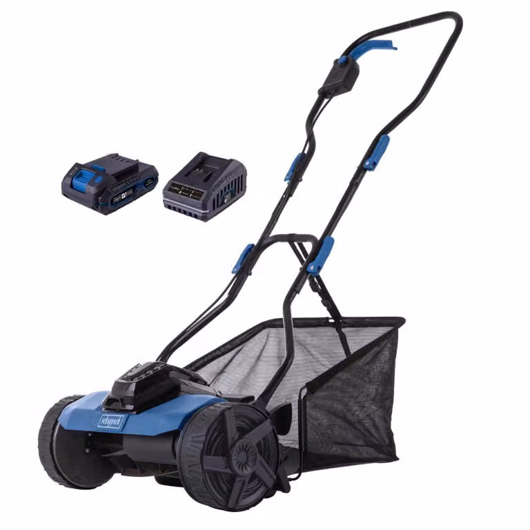 Tosaerba a cilindro a batteria Scheppach C-SPM380-X - 20 V IXES | Larghezza di taglio 38 cm | Cestello di raccolta da 45 l | Batteria da 2 Ah + caricabatterie da 2,4 A inclusi