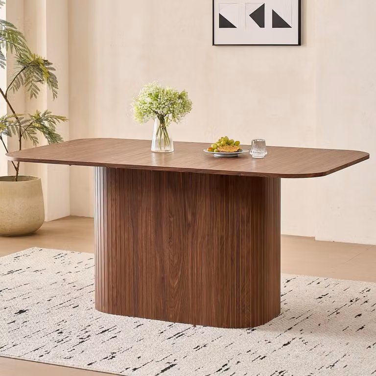 Tavolo da pranzo rettangolare, dimensioni 160x90 cm, impiallacciatura in legno scuro su MDF, design con listelli