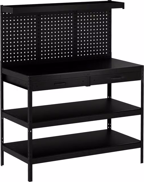 Banco da lavoro per officina e garage 122 x 61 x 156 cm portaoggetti pannello forato ripiani regolabili industriale elegante in acciaio nero 21_0007129