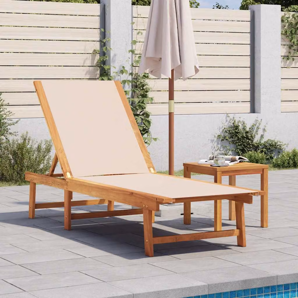 vidaXL Lettino Prendisole in Legno di Acacia con Tavolo e Textilene, Colore Crema e Marrone, L: 200 cm, P: 66 cm, H: 110 cm