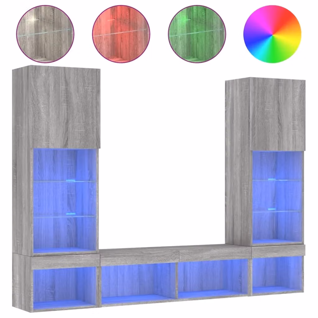 Mobile TV a muro vidaXL con illuminazione LED integrata, 5 pezzi, Grigio, in Legno Multistrato, L: 102 cm, P: 40,5 cm, H: 30 cm – 2