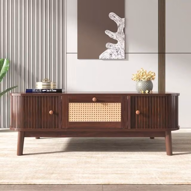Tavolino da caffè MINIMAL in legno massello e rattan con cassetti, colore naturale marrone e giallo, L: 55 cm, P: 38,5 cm, H: 55 cm