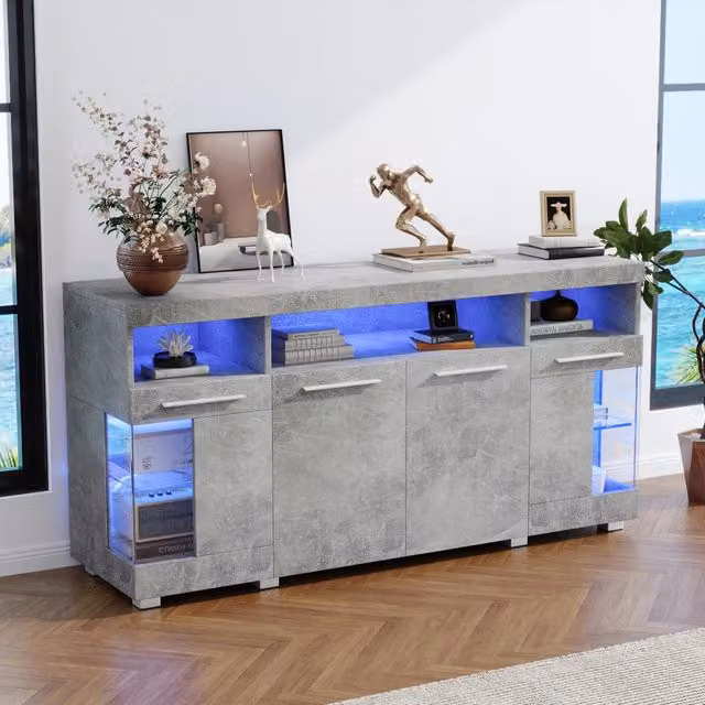 Credenza da soggiorno Mivray con illuminazione LED, ante in vetro temperato e finitura grigio cemento, L 140 x P 40 x H 70 cm
