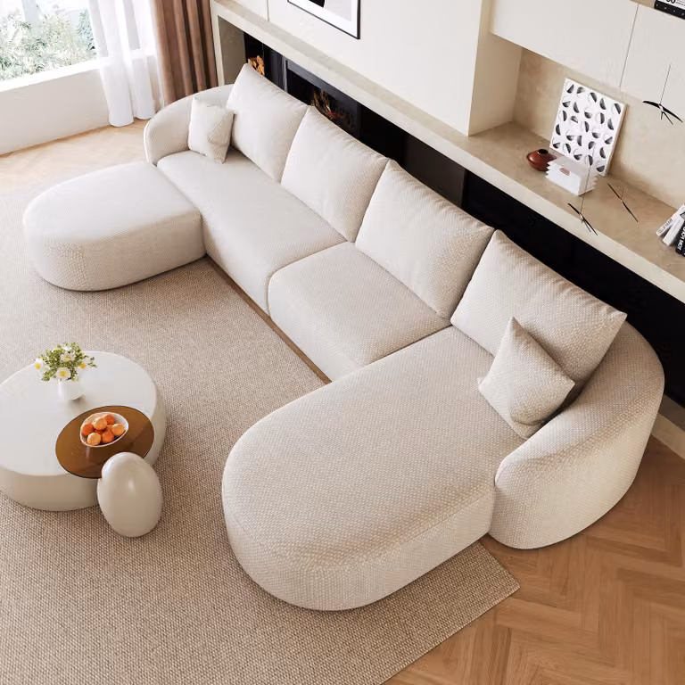 Divano angolare a forma di "U" bianco, modulare, con poggiapiedi laterali a destra, per 3 persone, ideale per il soggiorno, stile classico. Include anche un pouf