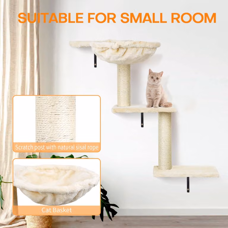 Kit completo per parete da gatto, composto da 4 elementi, in legno color grigio antracite, comprensivo di tiragraffi e amaca, ideale per l'attività fisica dei gatti
