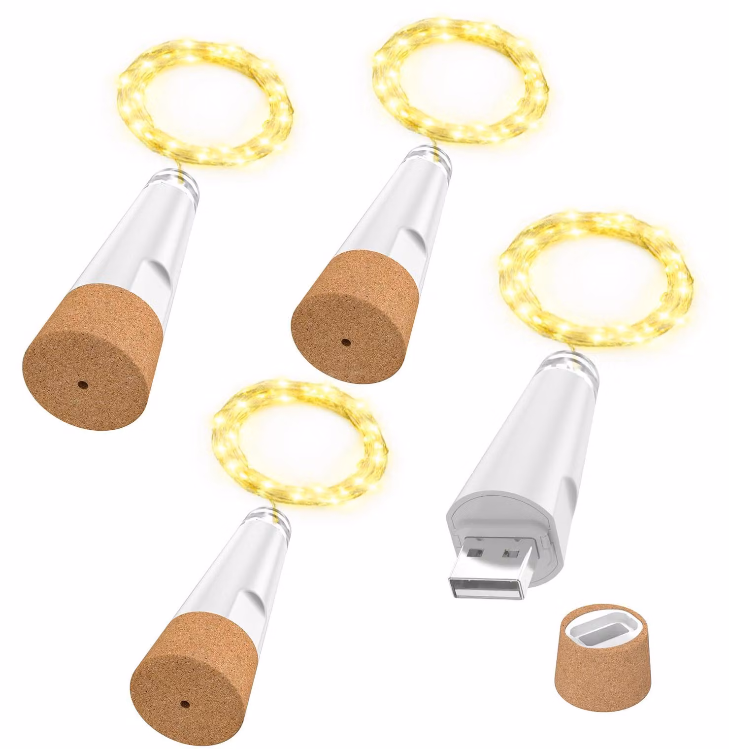 Illuminazione a LED per bottiglie di vino con tappo, confezione da 4, luce bianco caldo, ricaricabile tramite USB