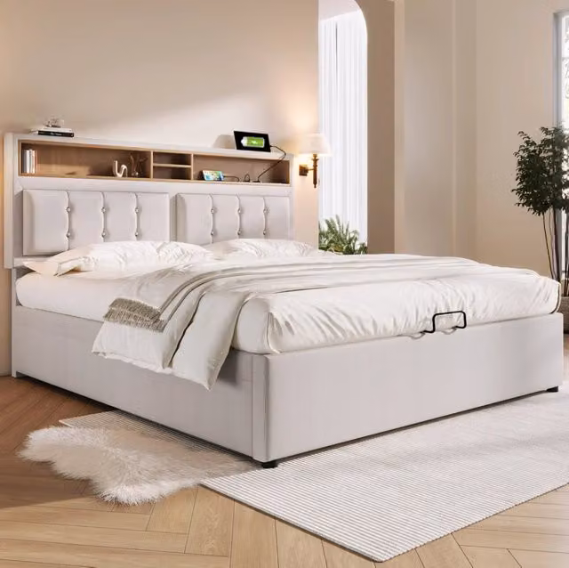Letto imbottito 140x200 cm; testiera regolabile; lino beige (Senza materasso)