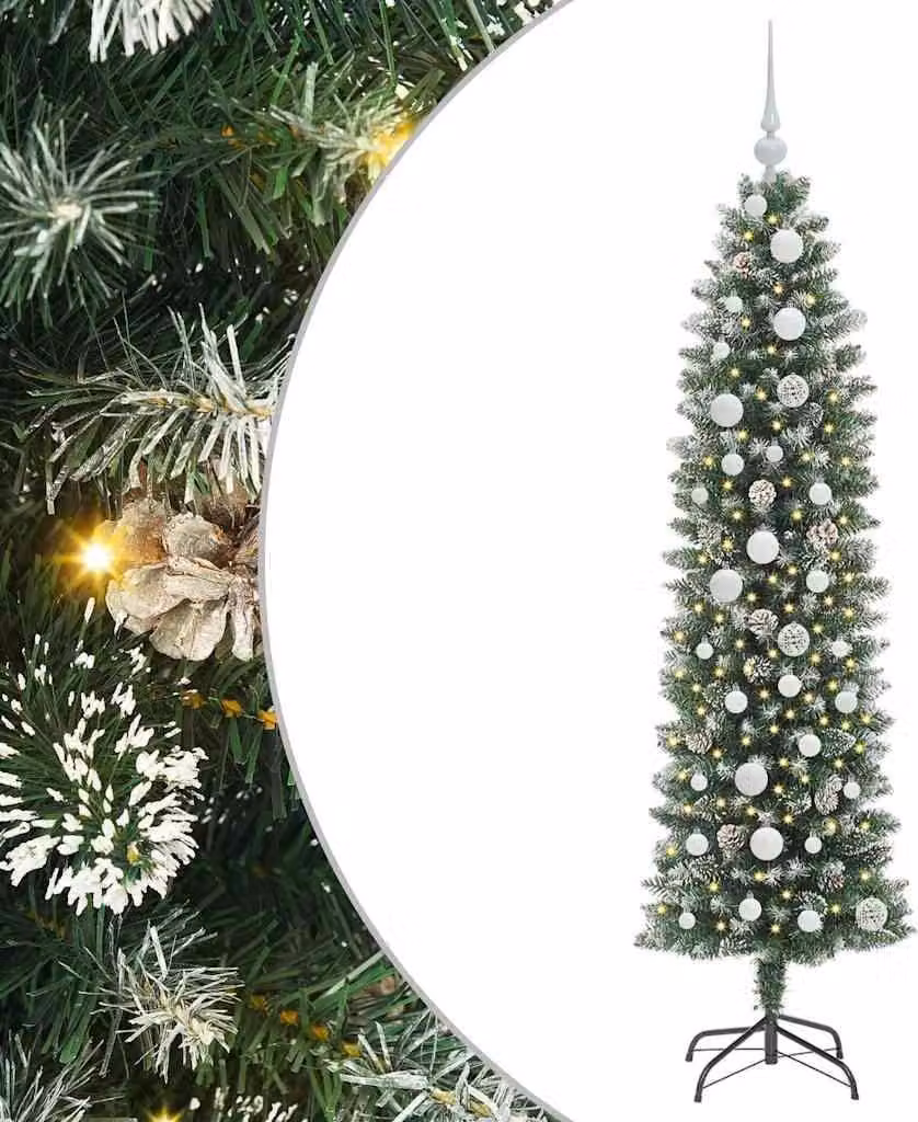 Albero di Natale Artificiale Sottile Verde e Bianco 150 cm