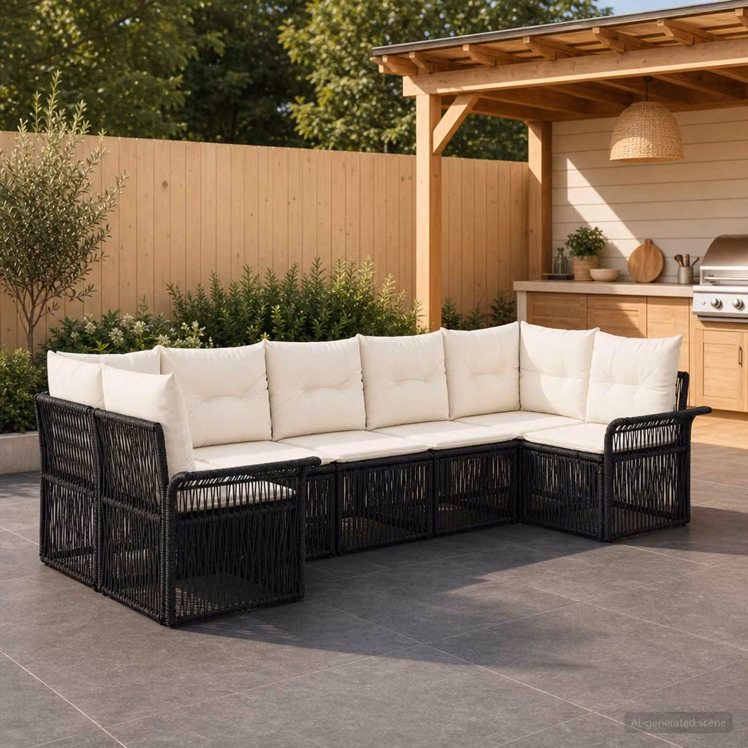 Set Divano da Giardino vidaXL a 7 posti in Polyrattan Nero con Cuscini e Struttura in Metallo