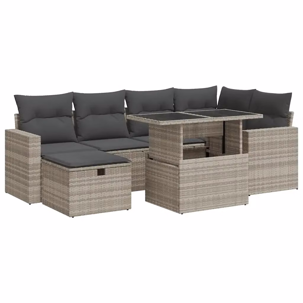 Set da giardino moderno vidaXL composto da 7 pezzi con divano a L, poltroncina, pouf e tavolino da caffè in rattan con cuscini grigi e struttura in acciaio nero – 2