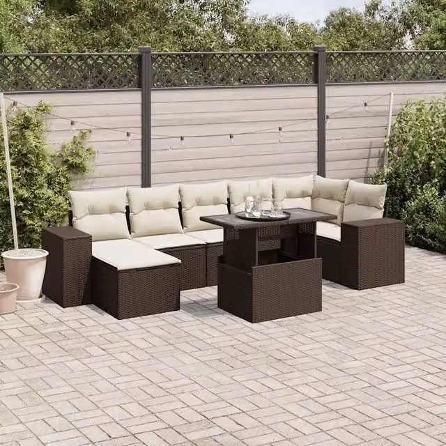 Set di Divani da Giardino a L vidaXL in Polyrattan Marrone e Bianco con 8 Pezzi e Cuscini Inclusi – 1
