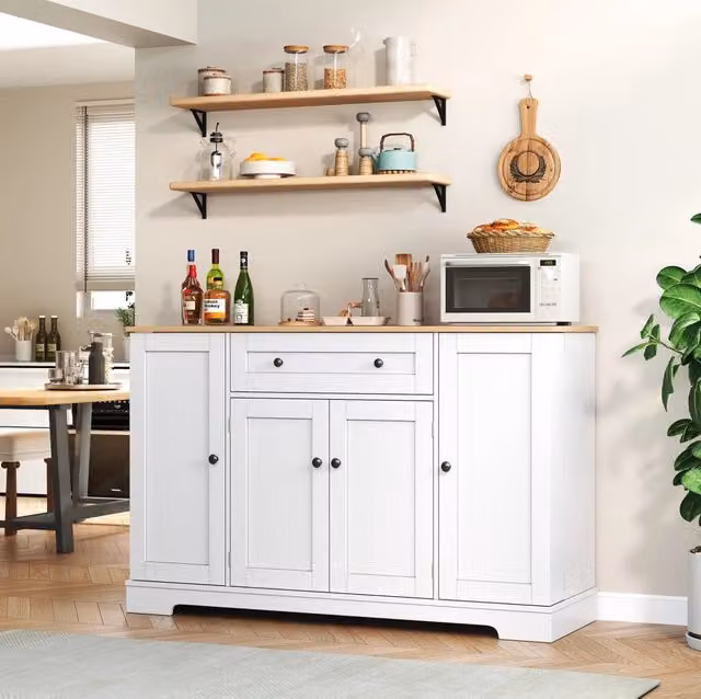 Buffet cucina 138 cm con cassetto; ante; ripiani regolabili; MDF; Natural e bianco