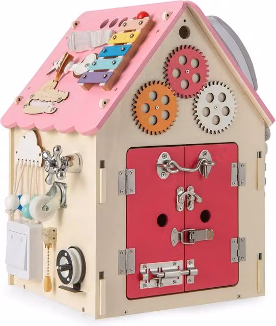 Casa da Gioco Montessori Costway con Giochi Sensoriali e Motori per Bambini, Giocattolo Educativo in Legno e Metallo, Rosa o Blu – 1