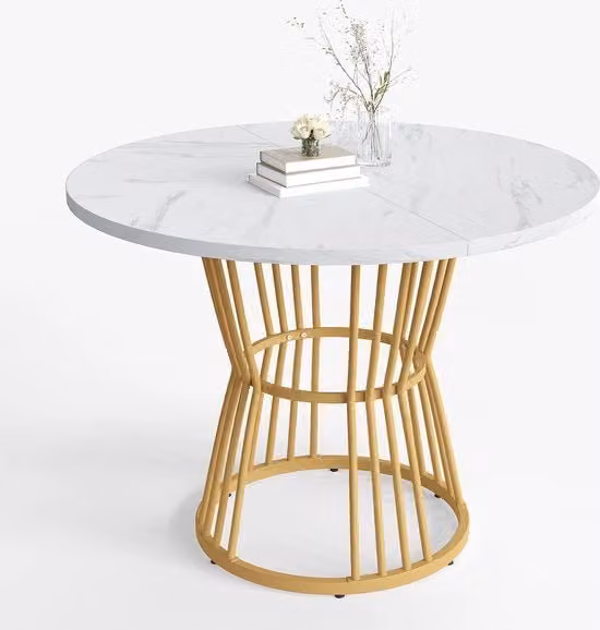 Tavolo Cucina, Bianco con gambe metalliche (1 pezzo), struttura metallica robusta in MDF, tavolo da pranzo moderno in marmo o tavolo da colazione e sala da pranzo, bianco/oro