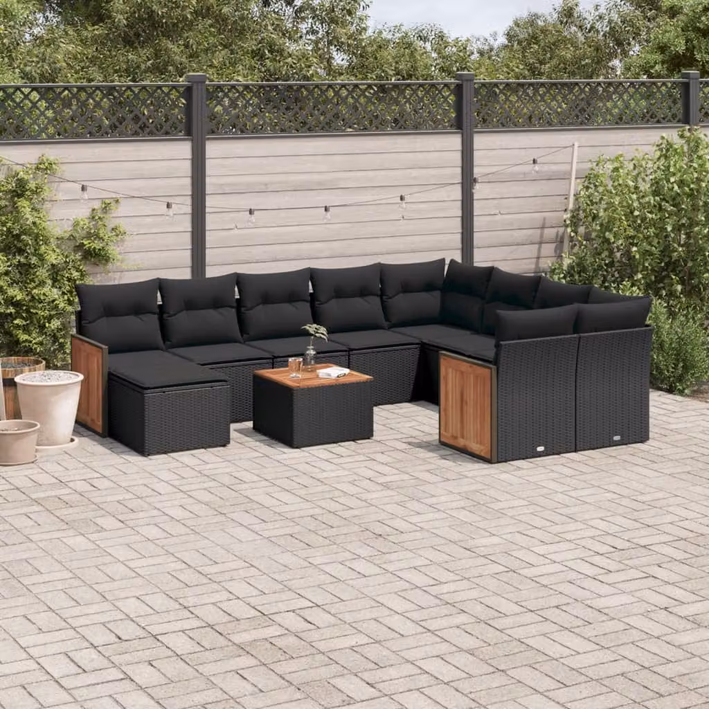 vidaXL Set Divani da Giardino 11 pz in Polyrattan Nero con Cuscini e Tavolino da Esterno – 1