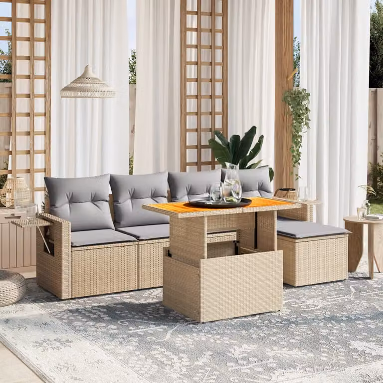 Set Divano da Giardino a L vidaXL in Polyrattan con Cuscini Beige e Tavolino da Esterno 6 pz