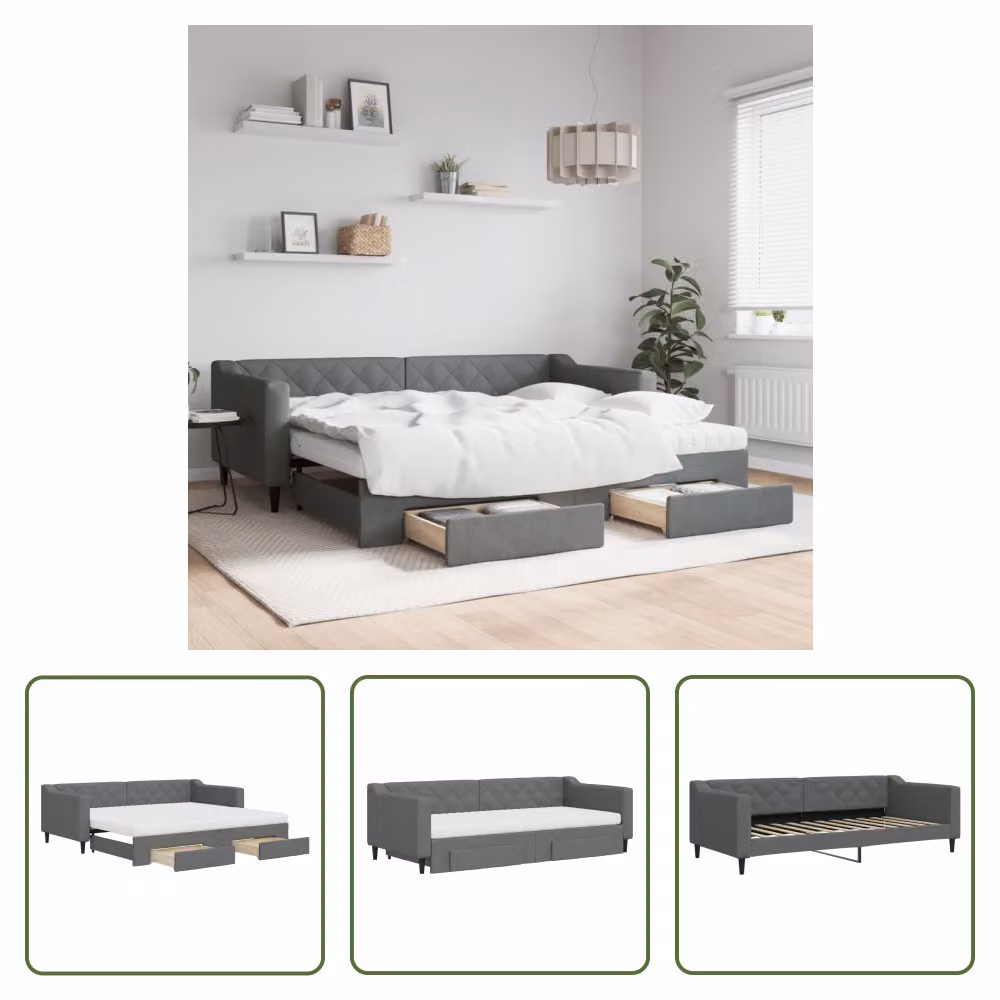 The Living Store Letto da giorno allungabile con cassetti grigio scuro 90x200 cm in tessuto