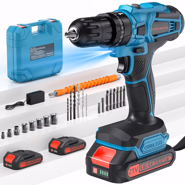Avvitatore a batteria da 21 V - Coppia di 45 Nm - 2 batterie da 2,0 Ah - Mandrino autoserrante da 10 mm - Luce LED