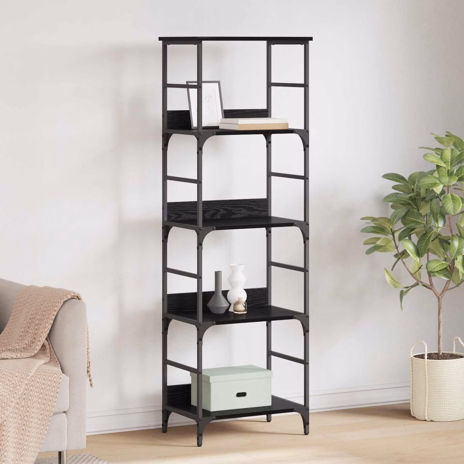 Libreria moderna vidaXL a 4 livelli in legno e metallo, colore nero, L 50 cm x P 33 cm x H 153 cm