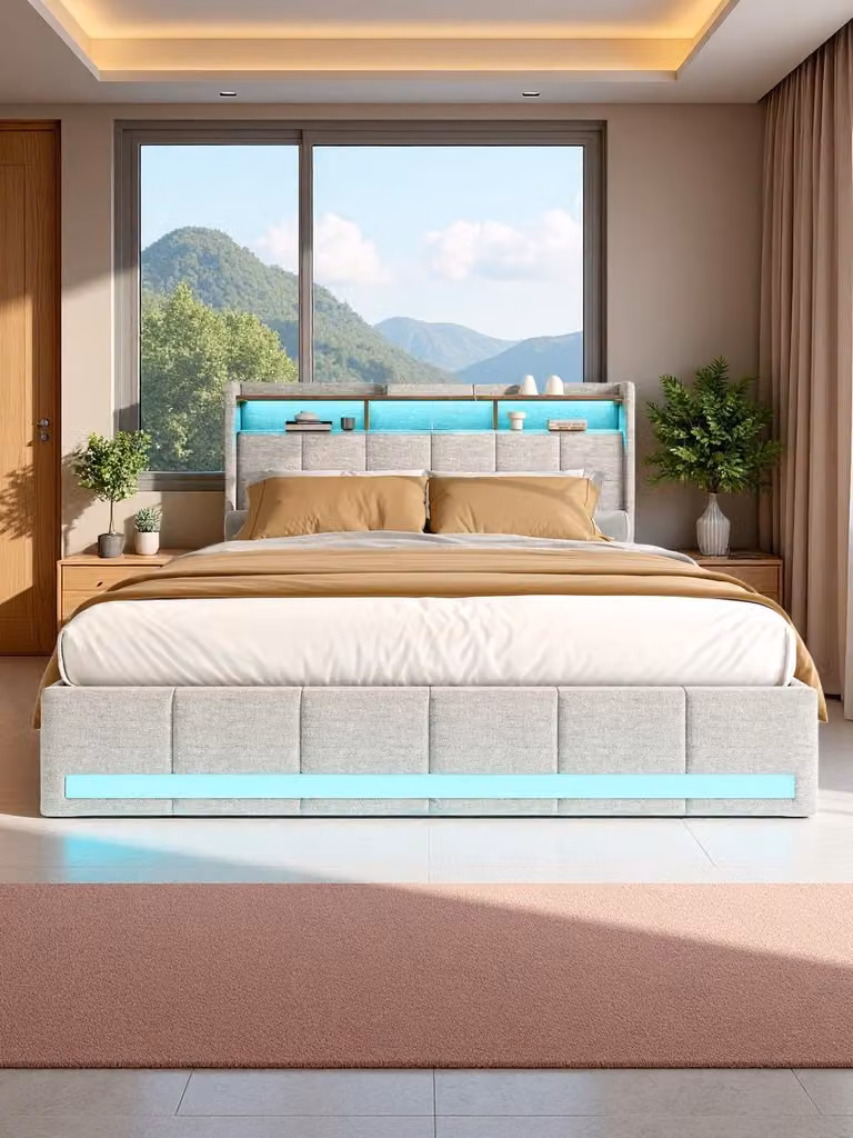 Letto imbottito ProximaX 140x200 cm in tessuto di lino beige con illuminazione a LED, connessione USB e Type-C, 4 cassetti e spazio per la testata - letto contenitore moderno per camere matrimoniali