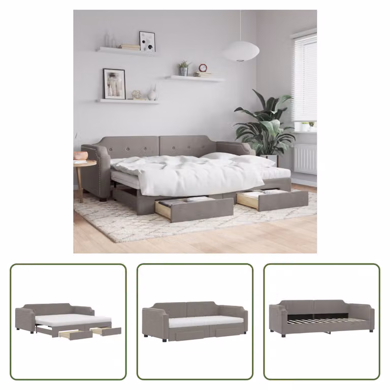 The Living Store Letto allungabile con cassetti Taupe 80x200 cm tessuto