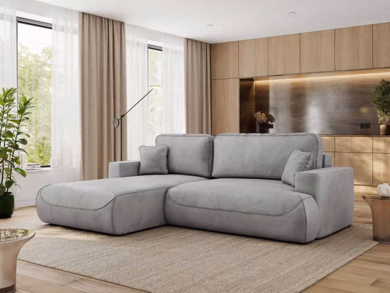 MKS MEBLE divano angolare OVO con funzione letto e box letto, velluto grigio chiaro, divano a L, divano angolare a 4 posti, 271x195x95 cm - lato sinistro
