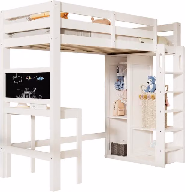 Letto a soppalco REDOM con scrivania e armadio aperto per camerette, bianco, L/P/H: 200 x 90 x 206 cm