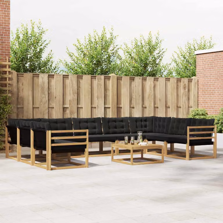 Set di divani da esterno vidaXL 10 pezzi a forma di U in legno di acacia con cuscini bianchi e neri e tavolino da caffè