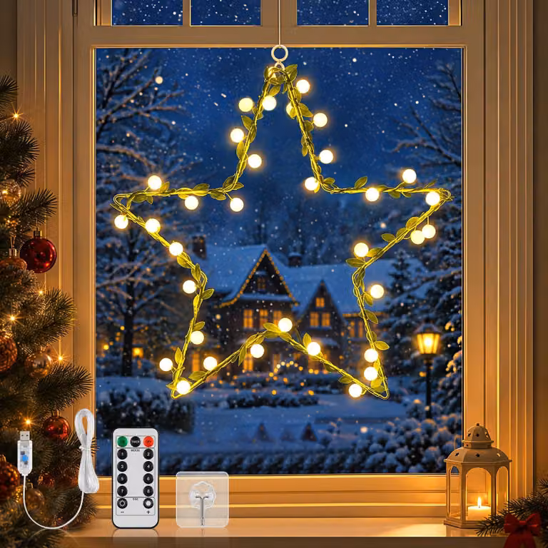 Catena luminosa a forma di stella di Natale, 30 LED, alimentazione USB, 8 modalità, dimensioni 30x30 cm