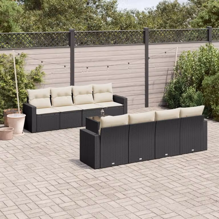 Set Divani da Giardino vidaXL 9 pz in Polyrattan Nero con Cuscini e Tavolino da Esterno