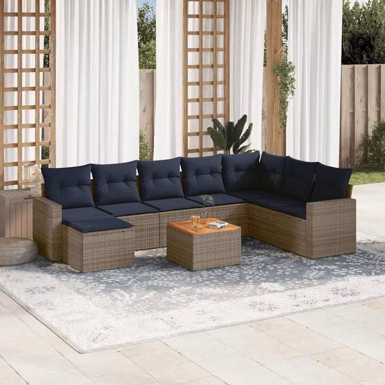 Set di divani da giardino vidaXL in polyrattan grigio con cuscini, tavolino e pouf, design moderno a L per esterno