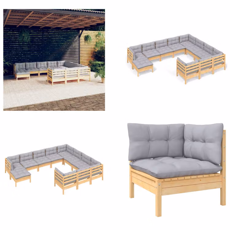 vidaXL set salotto da giardino 11 pezzi con cuscini grigi in legno di pino - Set salotto da giardino - Set salotto da giardino - Set mobili da giardino - Set mobili da giardino