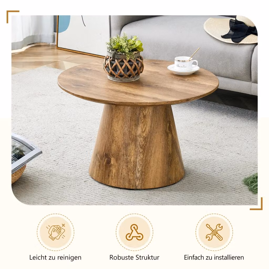 Tavolino da caffè rotondo Zephmum in legno naturale marrone, Diametro: 60 cm, Altezza: 35 cm – 2