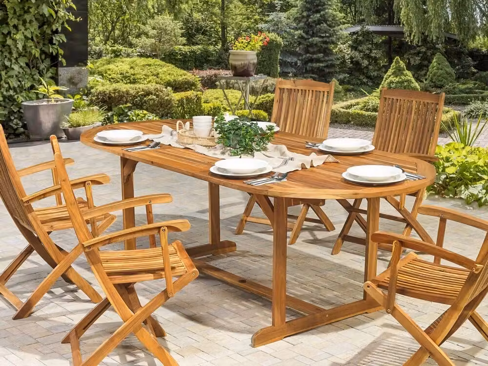 Tavolo da pranzo allungabile Beliani in legno di acacia marrone con design rustico e forma ovale per esterni e interni L: 160 cm, P: 100 cm, H: 74 cm – 2
