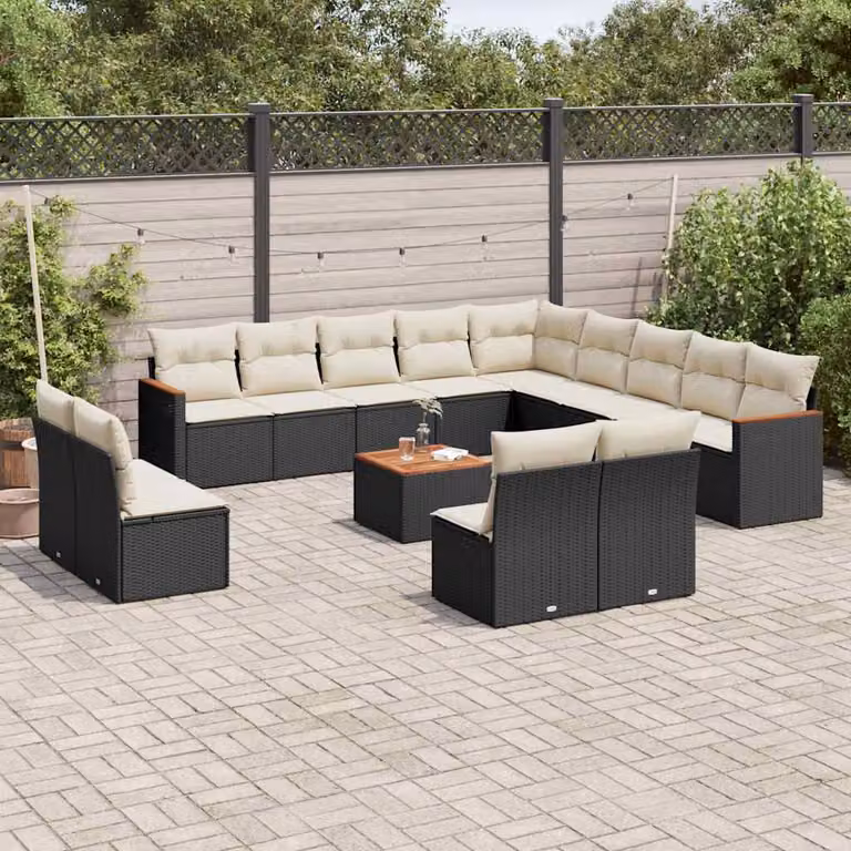 Set di Divani da Giardino vidaXL a Forma di U in Polyrattan Nero con Cuscini e Tavolino da Caffè