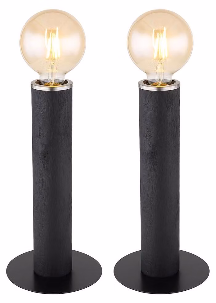 2 lampade da tavolo MARION, nere, in metallo, con aspetto effetto legno, forma rotonda, altezza 30,5 cm