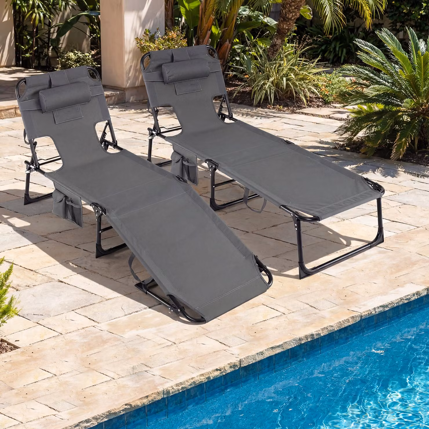 Sdraio da giardino pieghevole Costway con schienale regolabile in 4 posizioni, sedia a sdraio portatile con cuscini e tasche laterali, Grigio