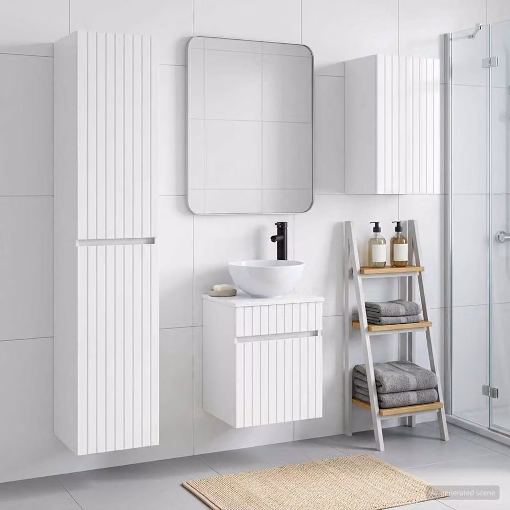 Set di mobili per il bagno vidaXL in 3 pezzi Bianco Lucido con armadietto a specchio, pensile e colonna alta in MDF