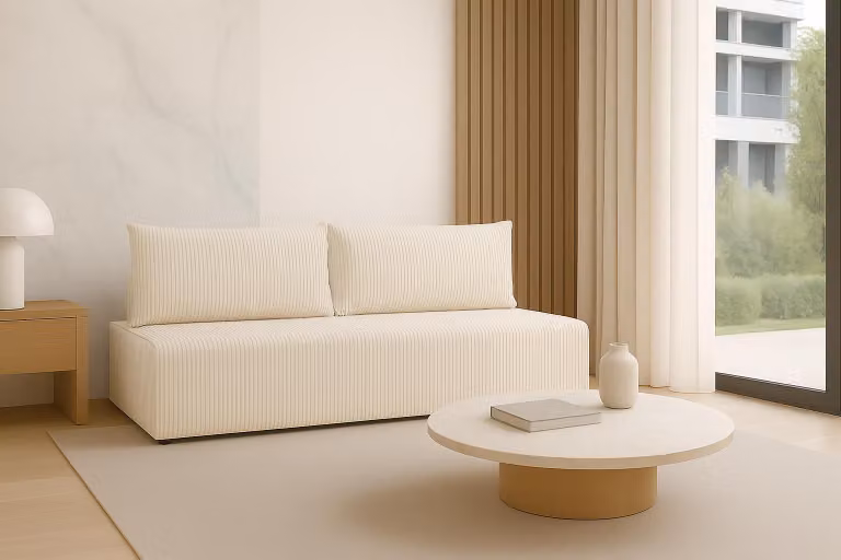 Sofello LUNO divano con funzione letto crema - Divano moderno in velluto a coste per il vostro salotto, zona notte: 204×144 cm